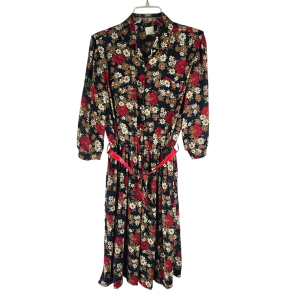 Vintage Breli Originals Womens Size 10 Floral Navy Red Midi Sheer 80s 70s Dress - Picture 1 of 14